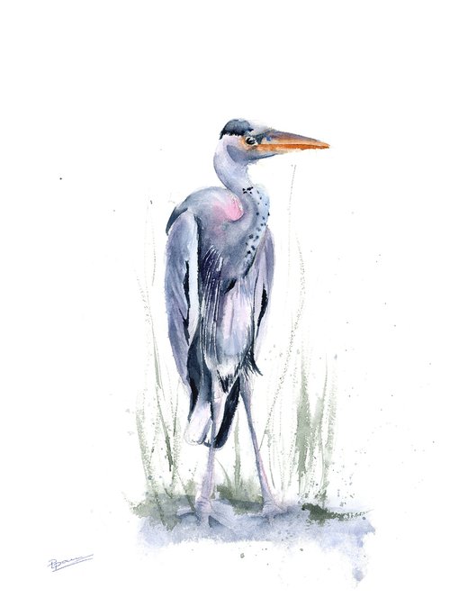 Heron  -  Original Watercolor Painting by Olga Shefranov (Tchefranov)