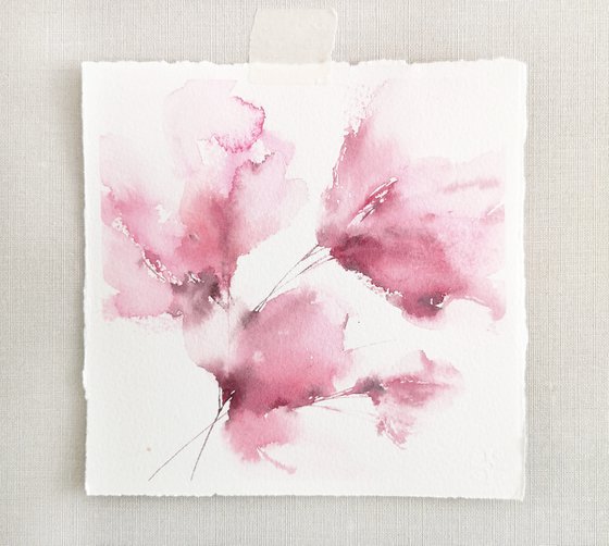 Pink abstract flowers, small watercolor painting