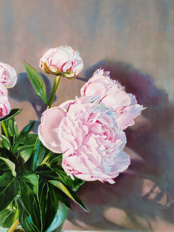 "A bouquet of peonies in a glass vase." still life peony pink summer  white liGHt original painting  GIFT (2020)