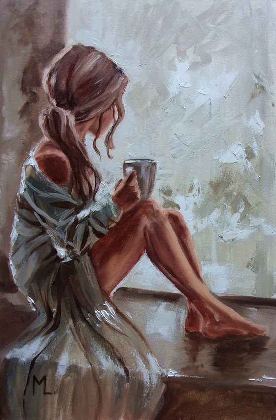 " COFFEE TIME ... "-  liGHt  ORIGINAL OIL PAINTING, GIFT, PALETTE KNIFE (2021)