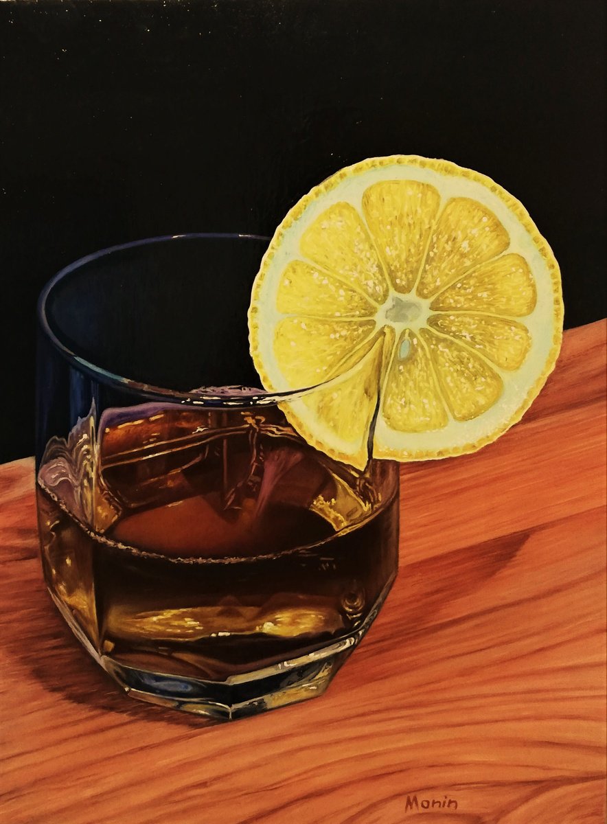Photorealistic Oil Painting , Whiskey With Lemon By Sergei Monin, 14 X 18, Artwork For Sale On Artfinder