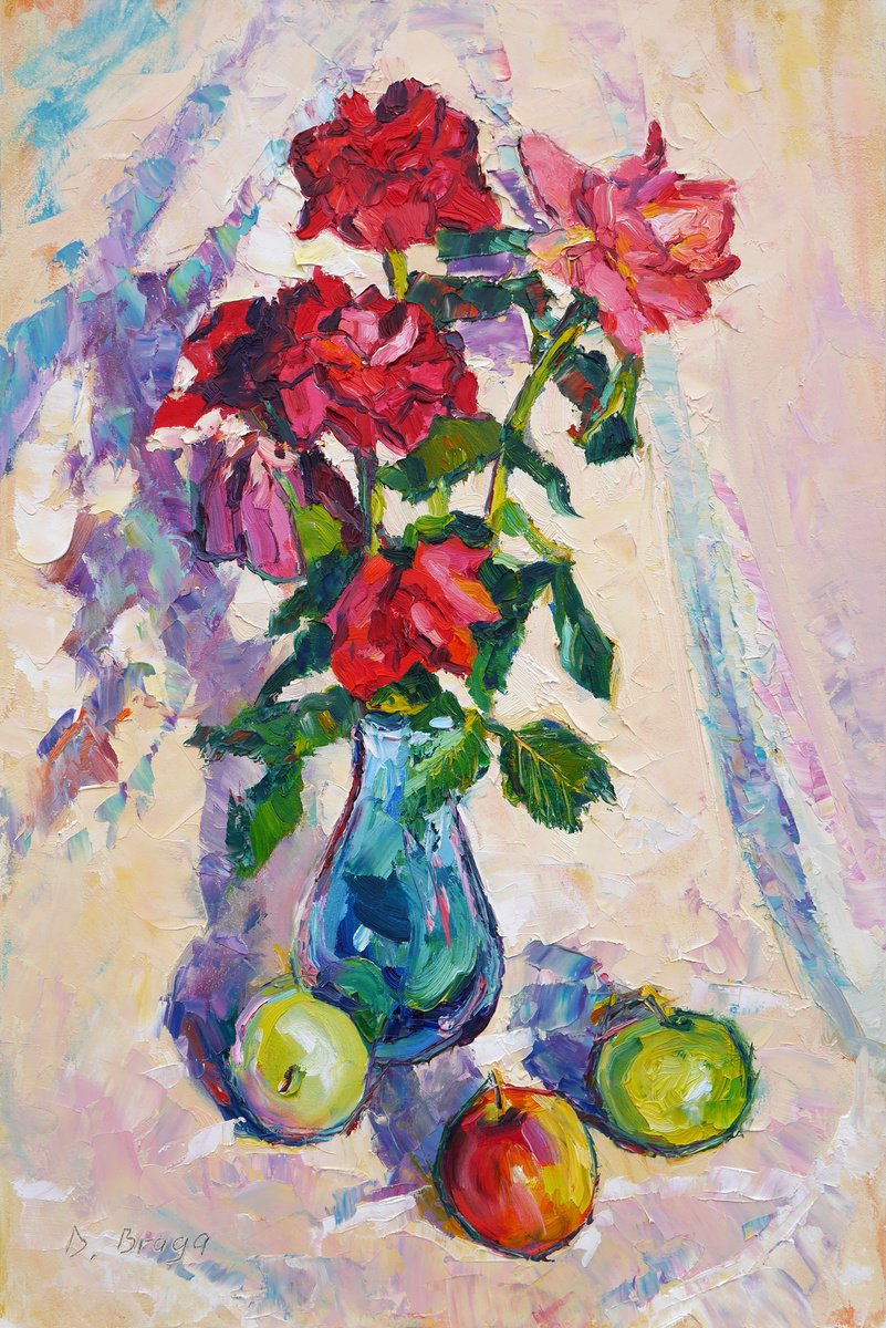 Expressive Botanical Oil Painting By Dima Braga, 16 X 24, Roses And Apples, Original Artwork
