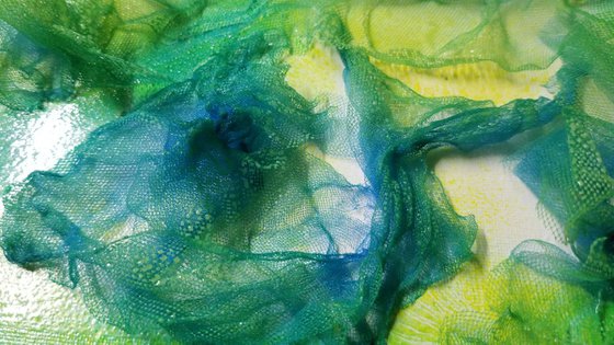 Abstract Painting Textile Art on Canvas Mixed Media Ocean Tulle art Fragile Existence II
