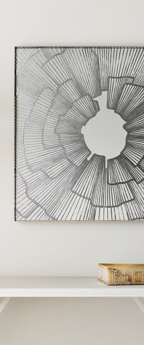 "Spark" High textured silver acrylic art by Marine Boiko