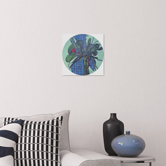 COPING MECHANISM HERBARIUM- abstract round small 30 cm painting, green, blue, red, flower