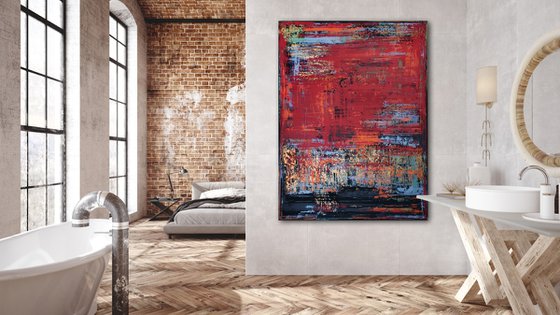 VINTAGE RED - 160 x 120 CM - TEXTURED ACRYLIC PAINTING ON CANVAS * RED * GOLD