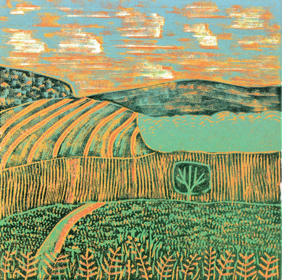 Graphic Landscape Linocut By Layla Khani (Aka Laylart), 6 X 6", 