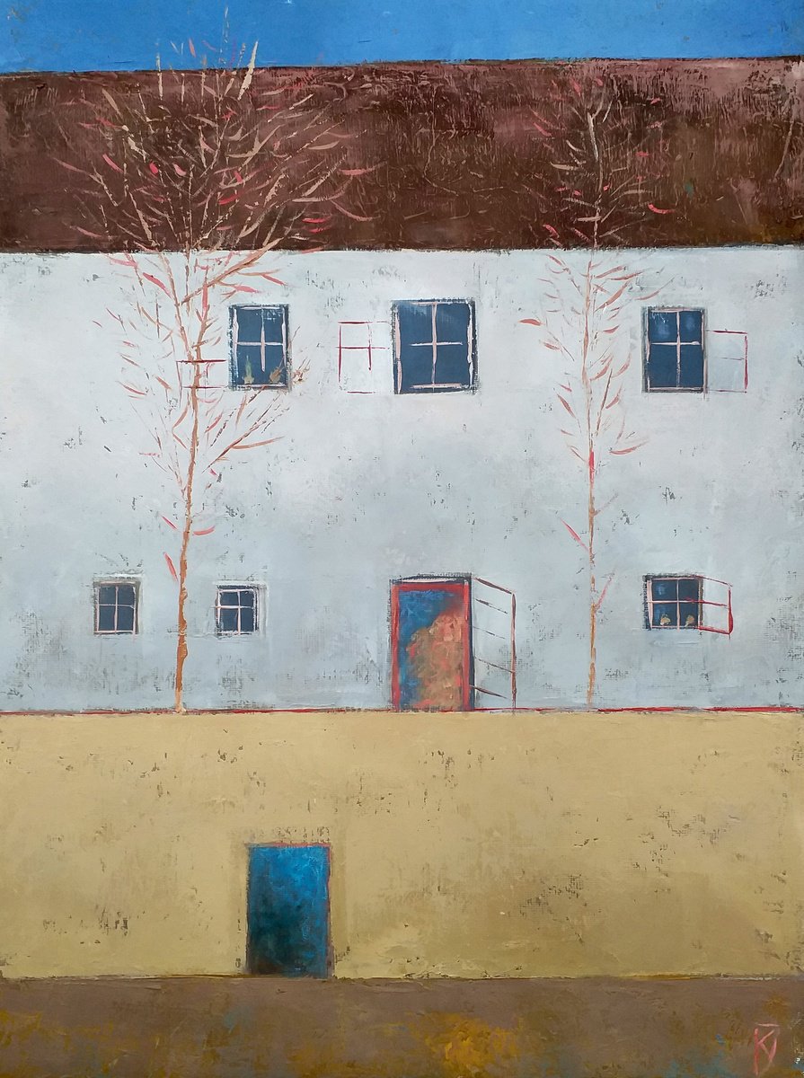 Abstract Cityscapes Oil Painting By Kestutis Jauniskis, 12 X 16", Old City Fragment 11, Original Artwork