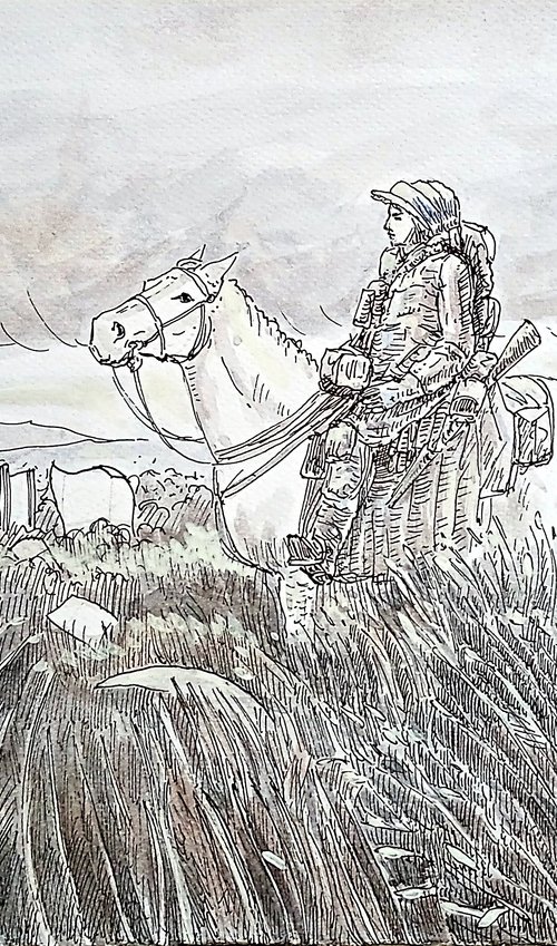 Traveler on horseback in the plain of scattered pages by paolo beneforti