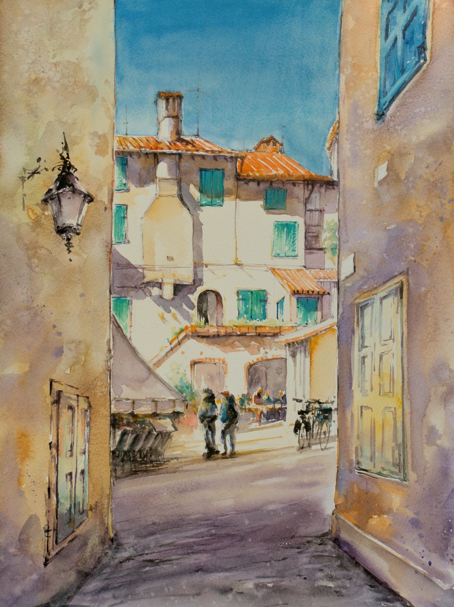 Impressionistic Cityscapes Watercolour By Eve Mazur, 12 X 16, Sunny Street In Grado, Italy., Original Artwork