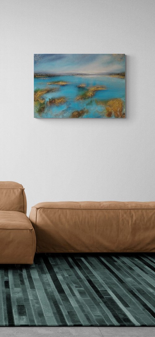 A large abstract beautiful structured mixed media painting of a lake "On the lakeshore" by Vera Hoi