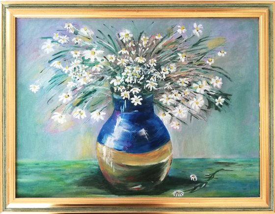 Daisies in a Jar - Modern Traditional Still Life Blue White Texture Field Wildflowers Art Gift for Birthday Wild Daisies