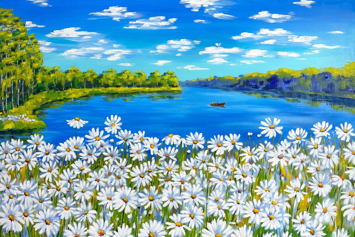 Summer landscape with daisies meadow by Irina Redine