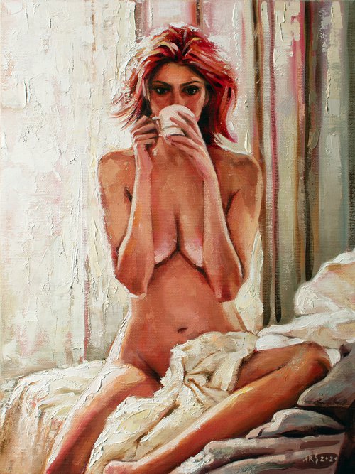BUT FIRST COFFEE - Elegant Seduction: Original Oil Painting of Beautiful Blonde Girl in Boudoir with a cup of Coffee by Yaroslav Sobol