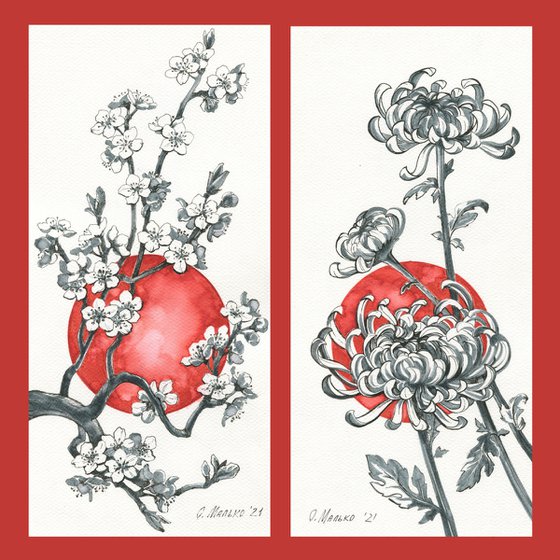 Sakura on the background of the Rising Sun / Original artworks. Japanese style home decor. Floral picture. Cherry blossom drawing. Spring flower