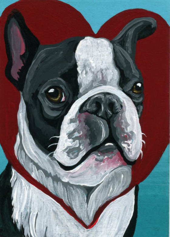 ACEO ATC Original Painting Valentine Boston Terrier Dog Art-Carla Smale