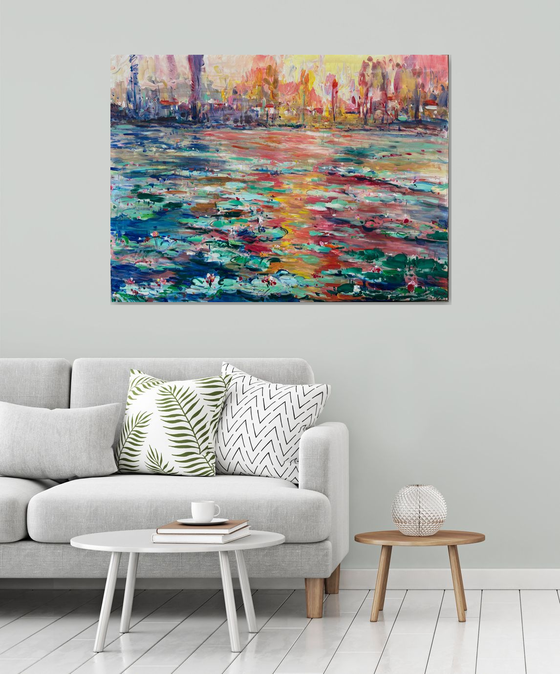 Park, water lilies sunset, 130cm x 95cm