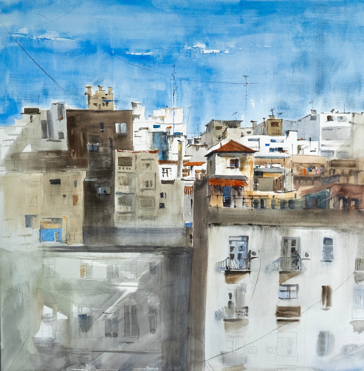 Impressionistic Cityscapes Watercolour By Ana Tyulpanova, 39 X 39, Buenos Aires. Window View, Original Artwork