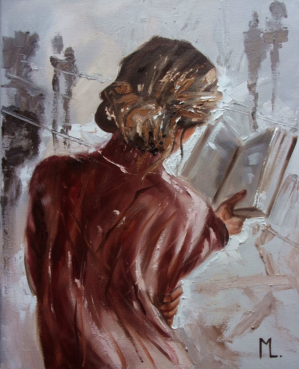 " MOMENTS WITH BOOK " book lover original painting window WINTER palette knife GIFT brown