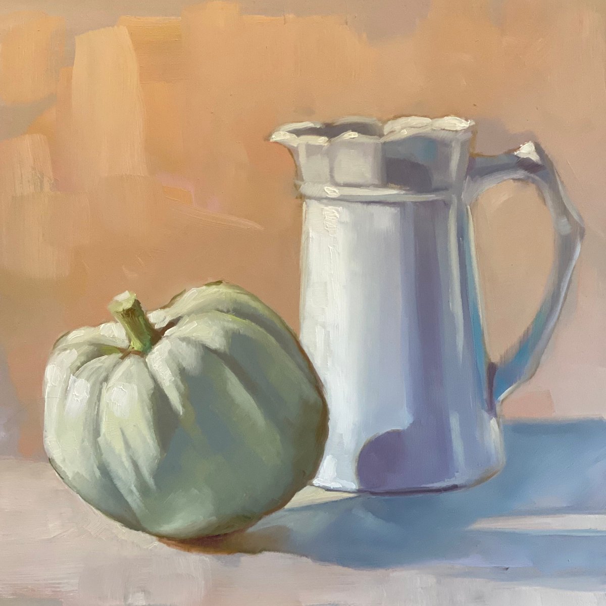 White jug and munchkin pumpkin by Catherine Ingleby