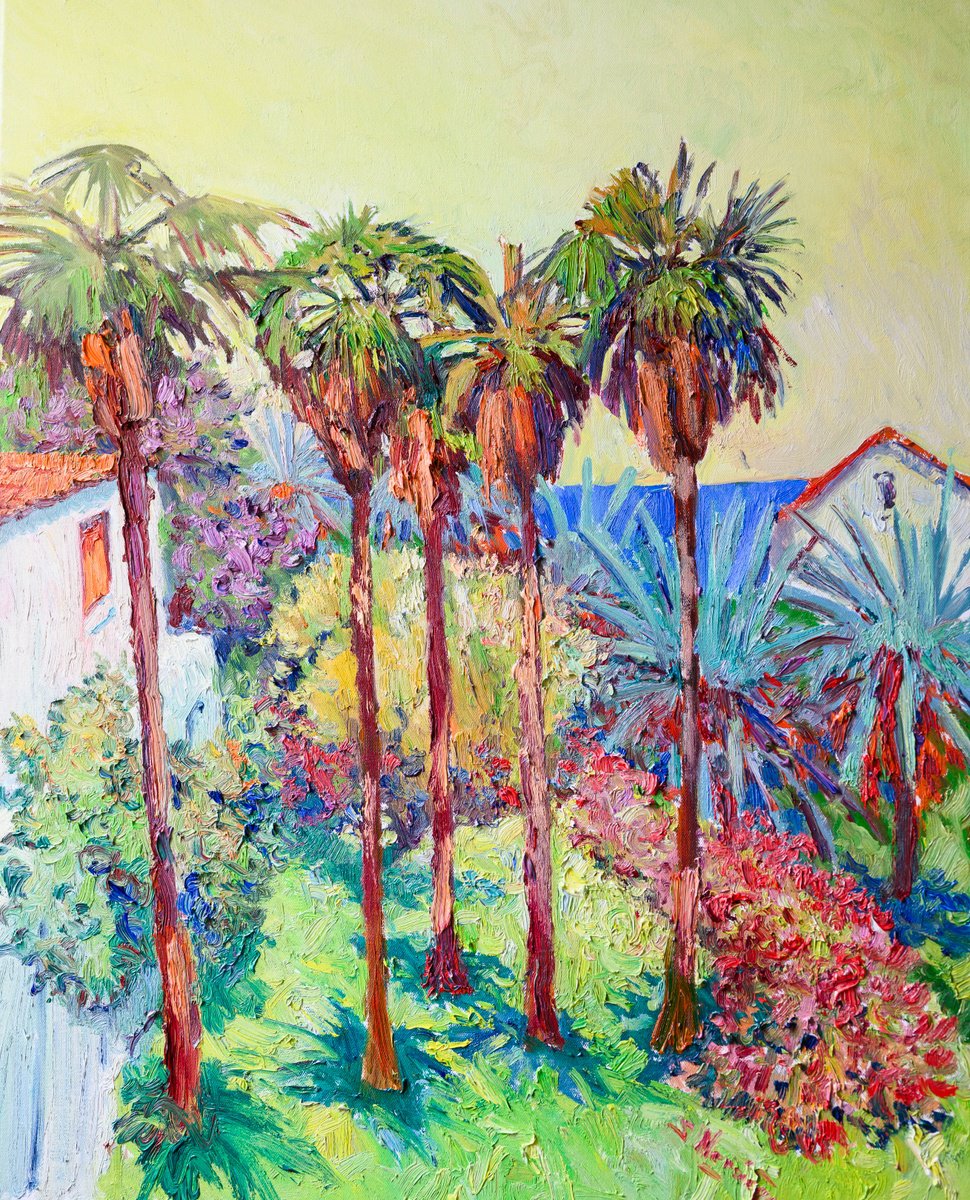 Original Oil Painting - Garden with Palm Trees by Suren Nersisyan
