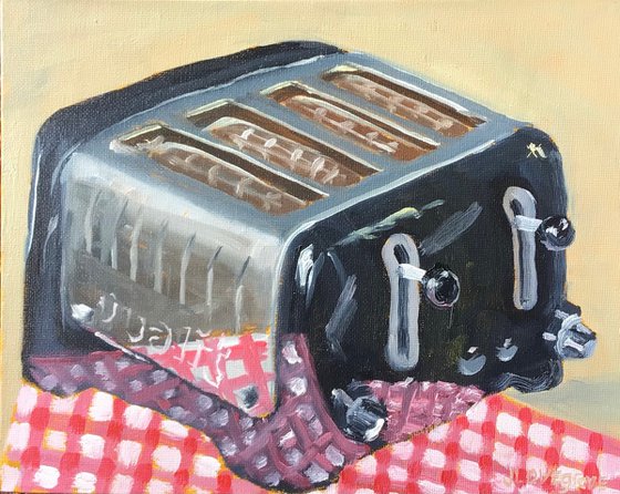 Electric toaster on a gingham cloth, oil painting