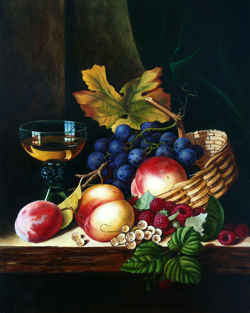 Still life with a glass of wine, a basket of fruits and berries by Alfia Koral