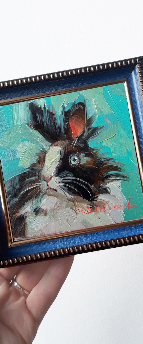 Cute rabbit painting original oil framed 4x4, Small framed art Black and white rabbit artwork turquoise background by Nataly Derevyanko