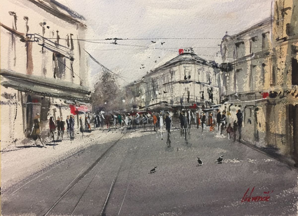 Impressionistic Cityscapes Watercolour By Tihomir Cirkvencic, 14 X 10", Sunny Day In A City, Original Artwork