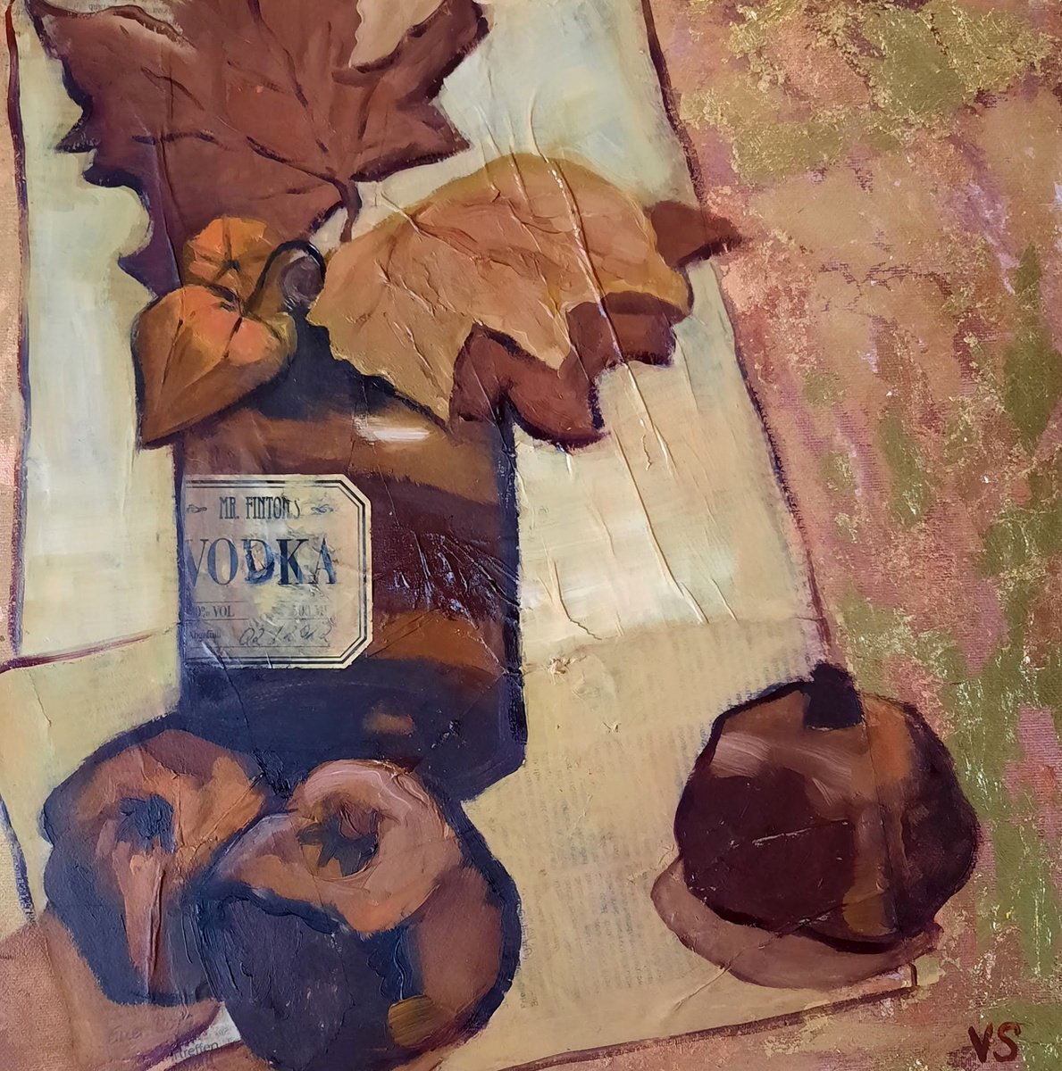 Expressive Botanical Painting By Vera Stein, 16 X 16", Stilllife With Pomegranate, Original Artwork