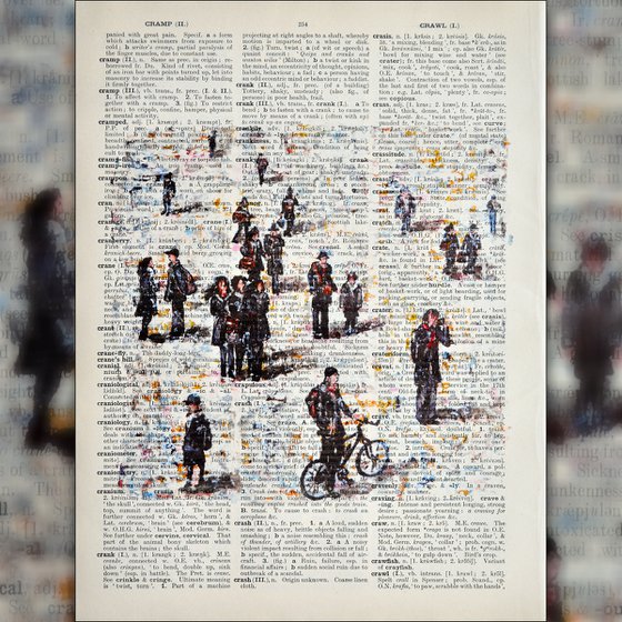 At the City 1 - Collage Art on Large Real English Dictionary Vintage Book Page