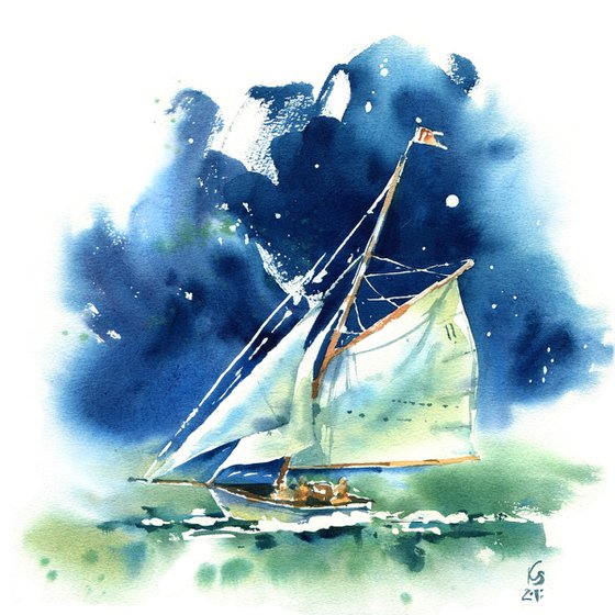"Fair wind to our sails!" - Sea romantic watercolor landscape with a sailboat against the backdrop of a dramatic sky
