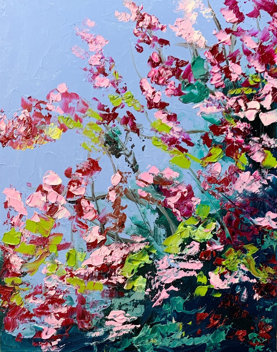 Flower blossom. Landscape. Liliac tree. Original impasto, Palette knife oil painting. by Vita Schagen