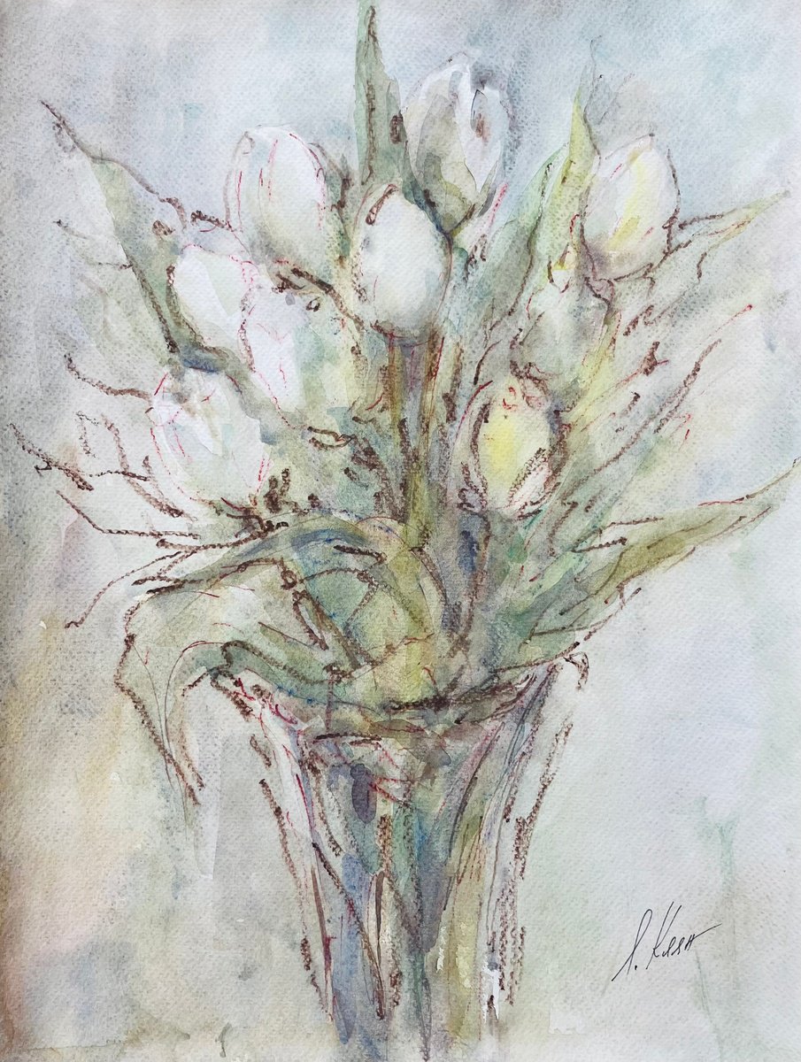 Impressionistic Still Life Watercolour By Elena Klyan, 12 X 16, White Tulips, Original Artwork