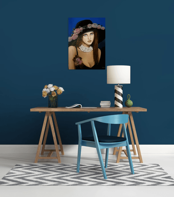 Lady with hat - portrait-oil painting- home decor