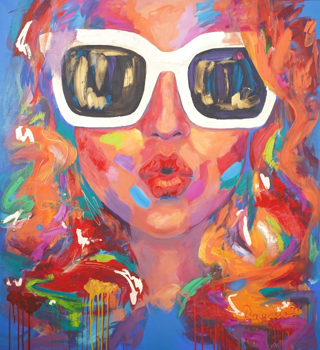 Urban And Pop Portrait Painting By Ramona Pintea, 39 X 47", This Girl Is On Fire, Original Artwork