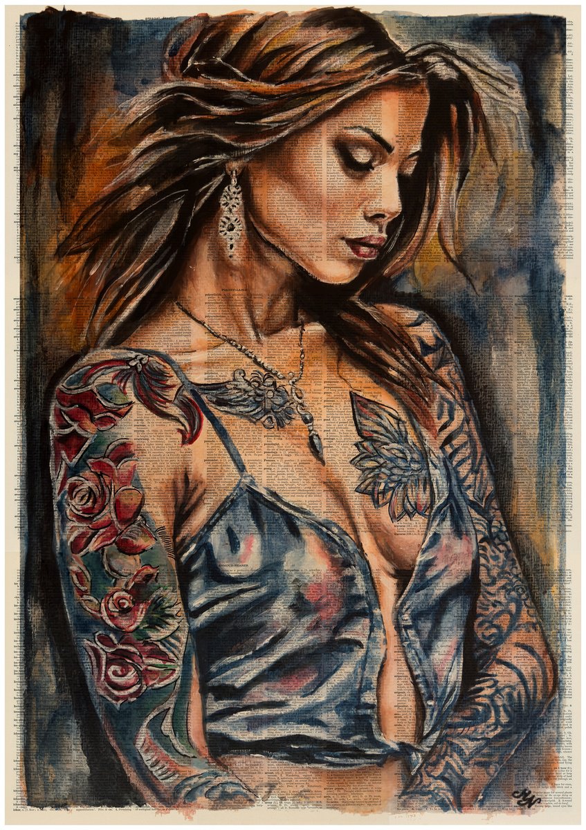 Photorealistic Portrait Giclee Print By Misty Lady - M. Nierobisz, 23 X 33", Girl With A Floral Tattoo, Original Artwork