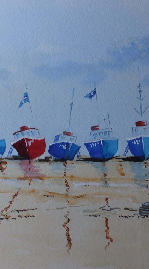 Boats on the Beach at Beer, Devon by David Harmer