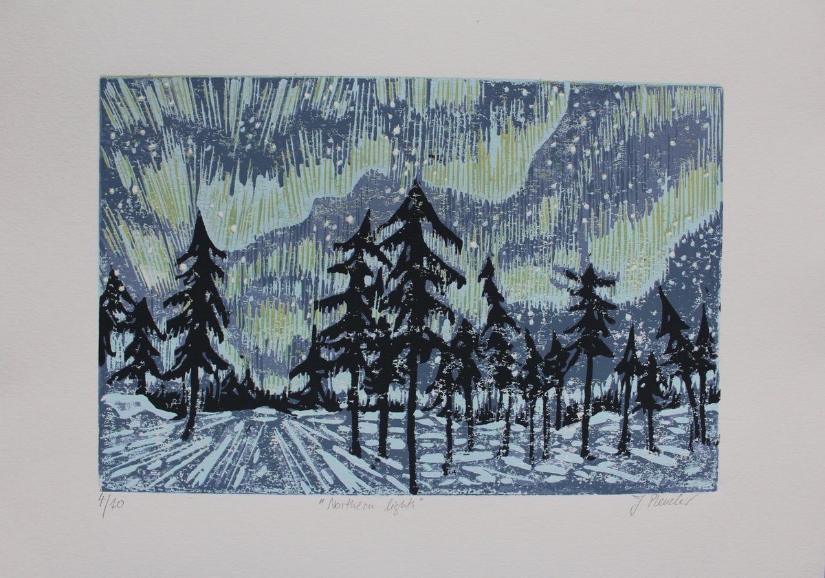 Graphic Landscape Linocut By Joanna Plenzler, 12 X 17, Northern Lights, Original Artwork