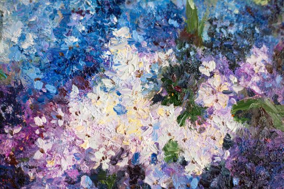 Lilac. Original oil painting. Big size purple dark tones still life bouquet interior impressionistic decor classic