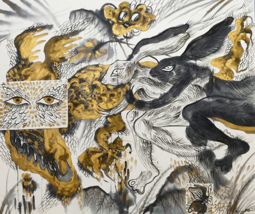 Bunnies and Dragon. Large ink painting by Anna Onikiienko