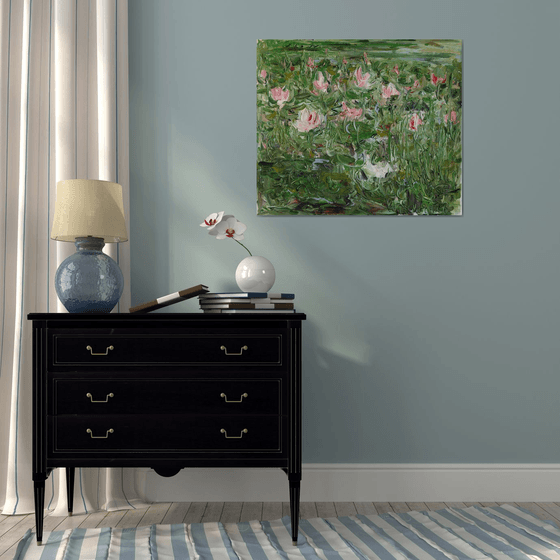 LOTUS POND - Floral art, original oil painting, water lily landscape, green rose calm coloured, lotus flower, waterlilies, impressionism, expressive