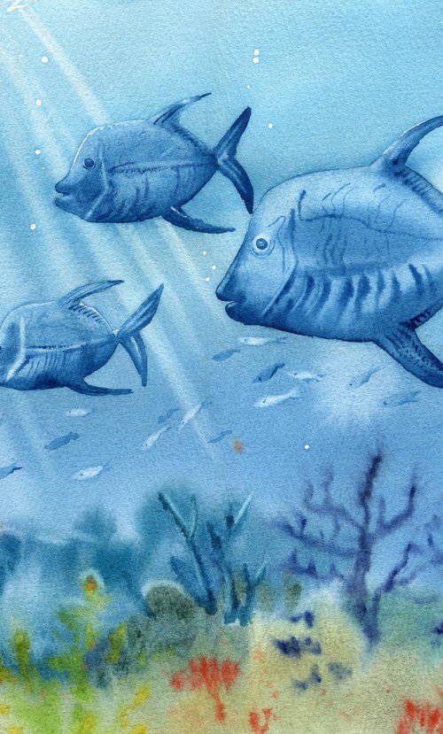 Marine fish underwater, coral reef life. Original artwork. by Evgeniya Mokeeva