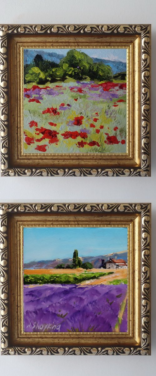 Set of 2 Poppy and Lavender Field Landscapes by Natalia Shaykina