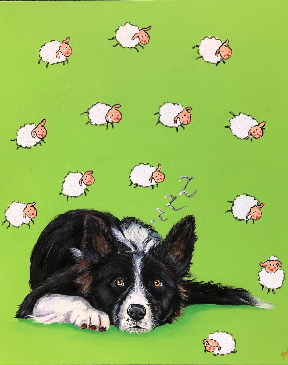 Urban And Pop Animal Acrylic Painting By Lena Smirnova, 20 X 24", Counting Sheep, Original Artwork