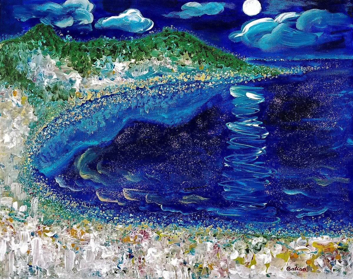 Naive Landscape Acrylic Painting By Galina Victoria, 20 X 16, Coastline, Original Artwork