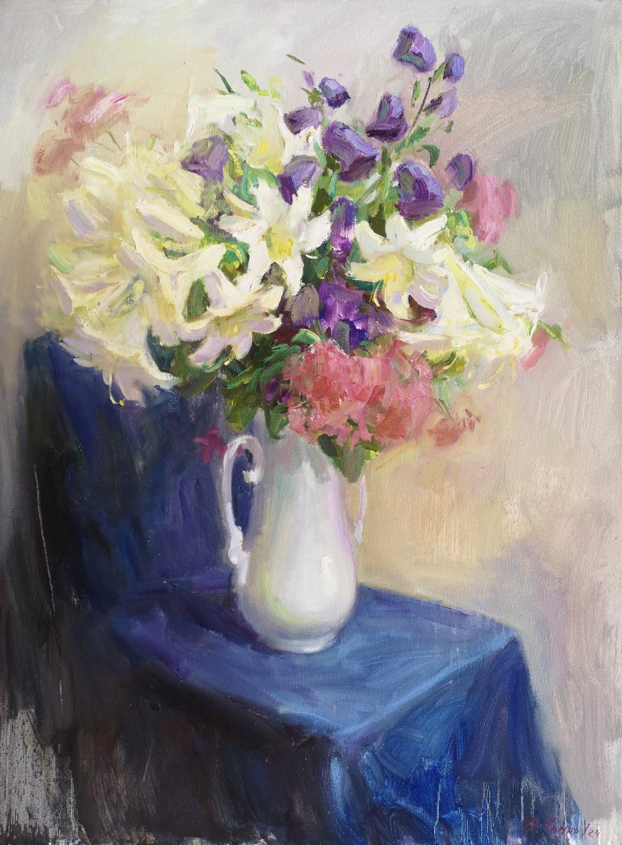 Expressive Botanical Oil Painting By Olga Samar, 24 X 31", White-Blue Still Life, Original Artwork