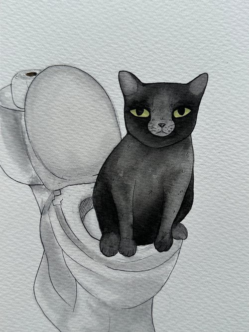 Black Cat on Toilet Watercolor Painting, Funny Cat Art, Funny Animal Art, Watercolour Cat Art, Cute Black Cat Original Artwork, Kawaii Cat, Cat Painting, by Tara Monique
