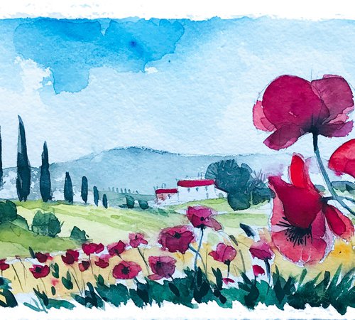 Tuscan landscape with poppies by Alessandro Andreuccetti