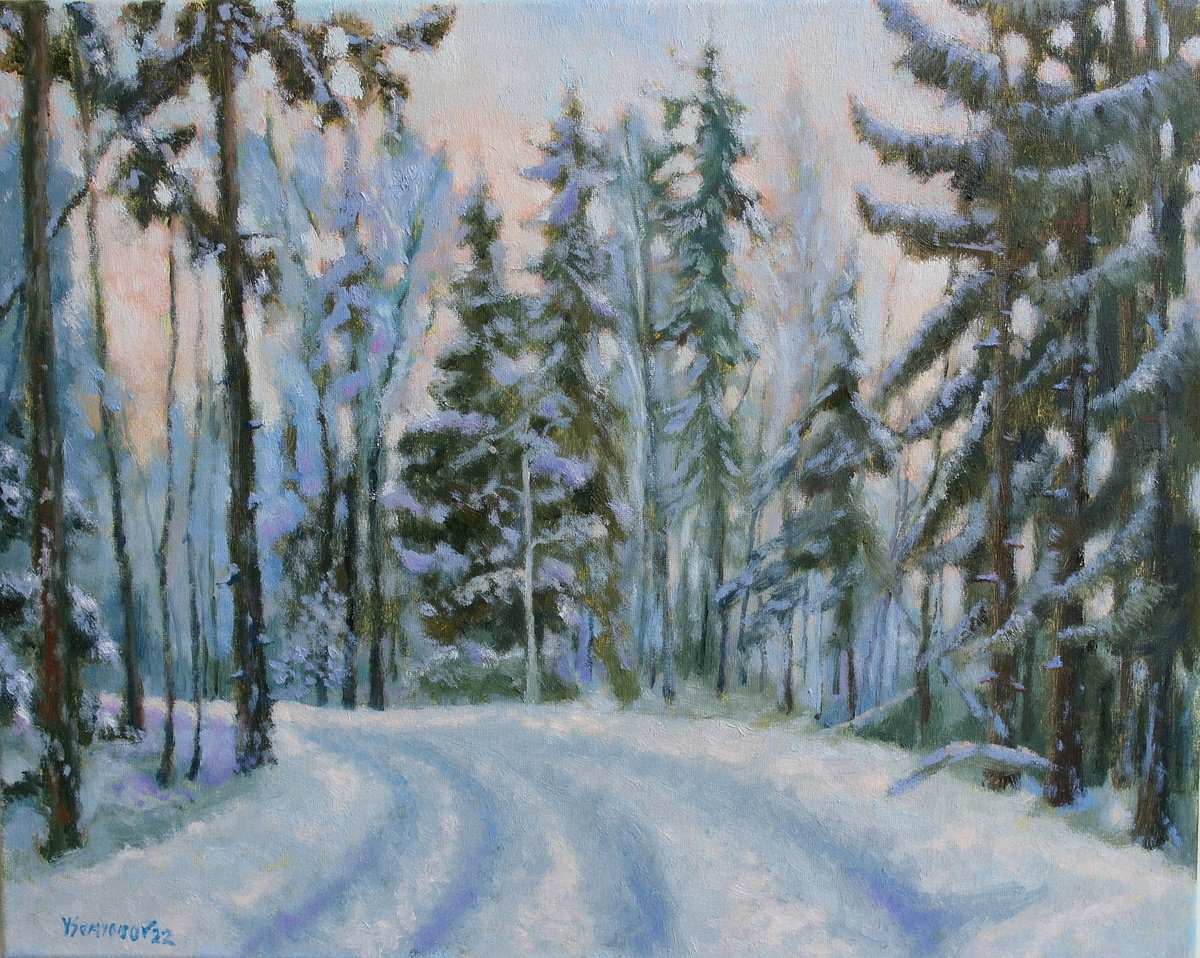 Impressionistic Landscape Oil Painting By Juri Semjonov, 20 X 16", Winter Way, Original Artwork